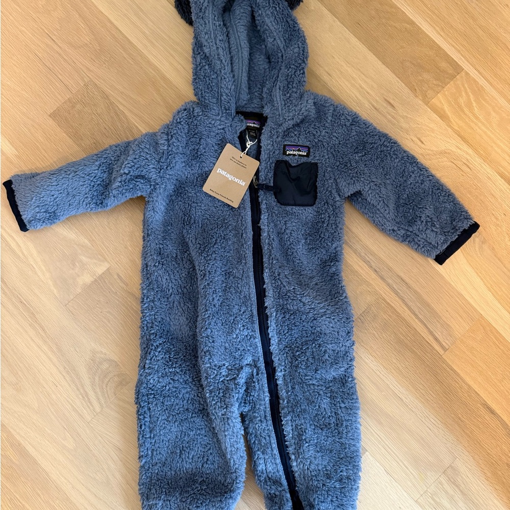 Patagonia Blue Fleece Footies with Hood and Full-Length Zipper
